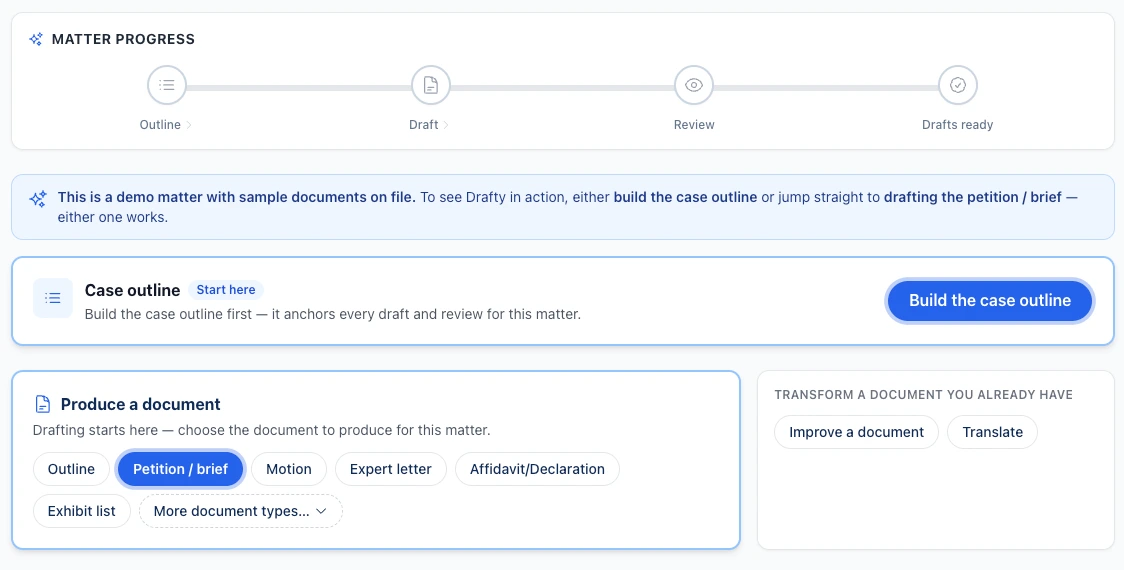 Drafty AI workspace preparing an immigration matter — matter progress, case outline, and document types to produce